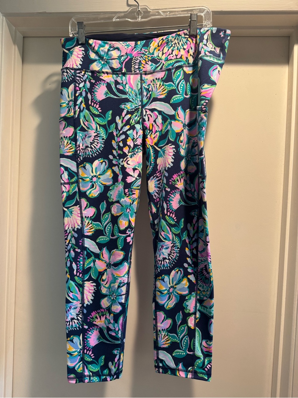 Lilly Pulitzer Navy Floral Active Leggings with Teal & Pink Accents